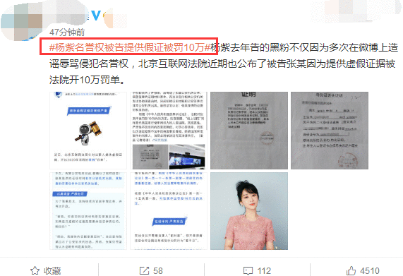 杨紫黑粉被法院开10万罚单，当事人辱骂杨紫，向