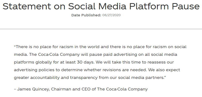 可口可乐暂停全球社交媒体广告一个月:希望平