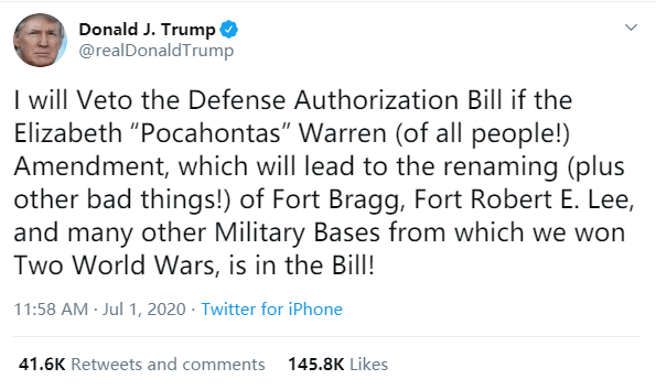 特朗普：你们若敢这么做，明年7400亿的美军军费