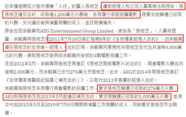 前经纪人起诉张柏芝追讨1200万，违约原因曝光：