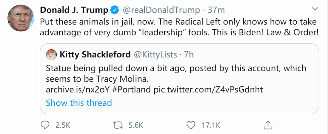 “把这群畜生关进监狱，就现在！”特朗普发推