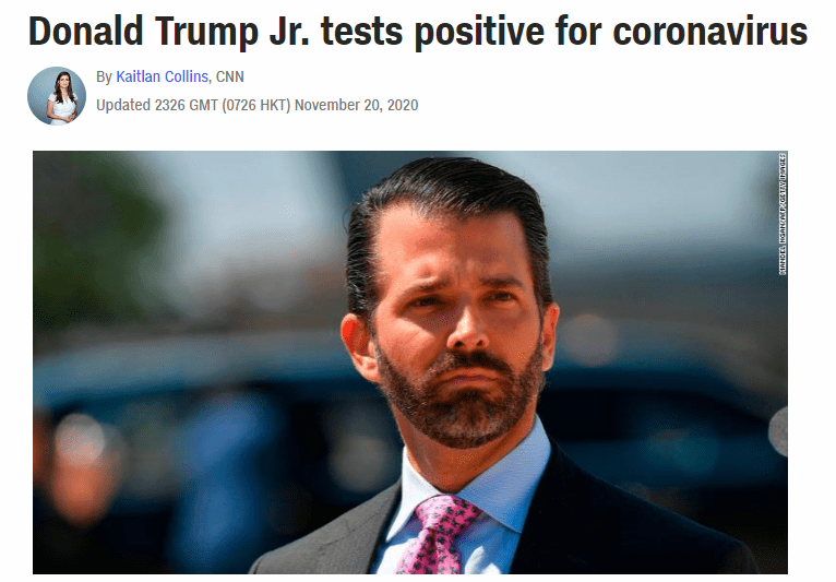 特朗普长子新冠检测呈阳性 曾称美新冠死亡率