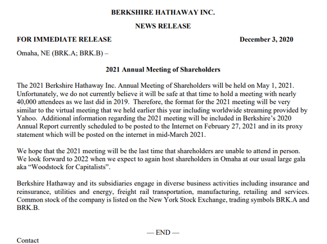 2021年巴菲特股东大会仍在线举办,连续两年取消